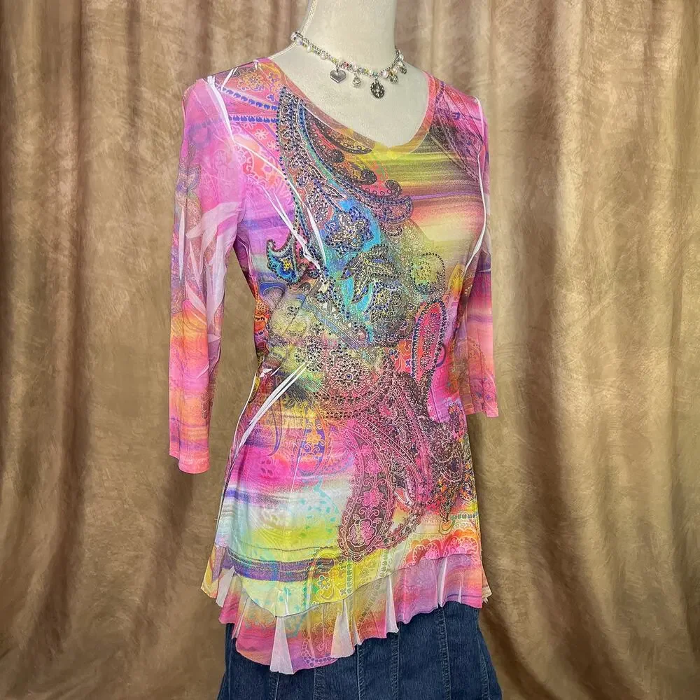 Vintage Y2K Boho Top Rhinestone Mesh Paisley Floral 3/4 Sleeve Ruffled Rainbow - Picture 10 of 10